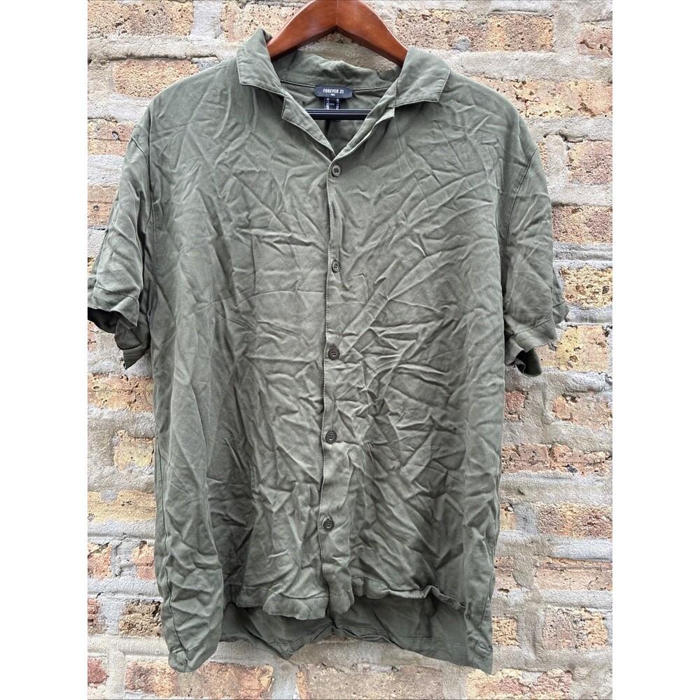 Forever 21 Men's Button Up Shirt Large Green Short Sleeve Size XL